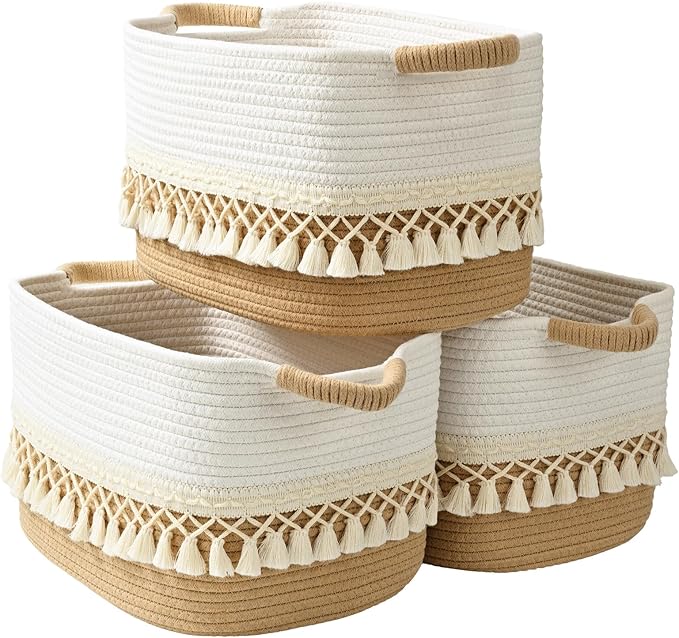 2 Pack Storage Basket for Shelves, Boho Cotton Rope Storage Bins by Degeyoyo