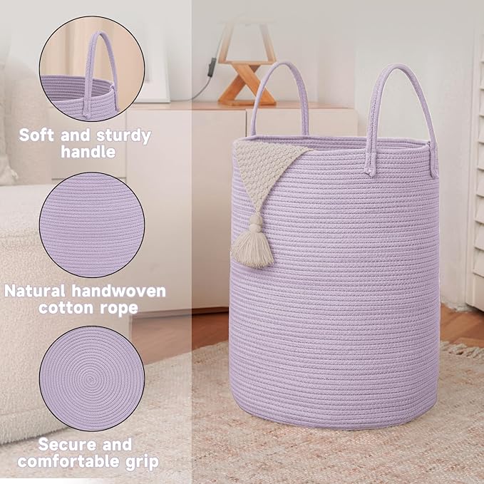 Large Woven Laundry Basket Hamper, 60L Cotton Rope Storage Bin - Image 6