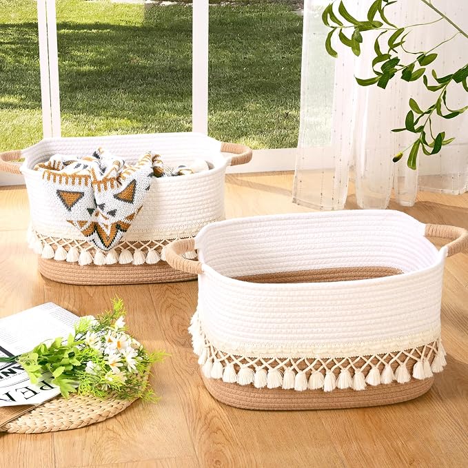 2 Pack Storage Basket for Shelves, Boho Cotton Rope Storage Bins - Image 9