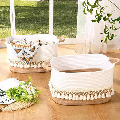2 Pack Storage Basket for Shelves, Boho Cotton Rope Storage Bins - Image 9
