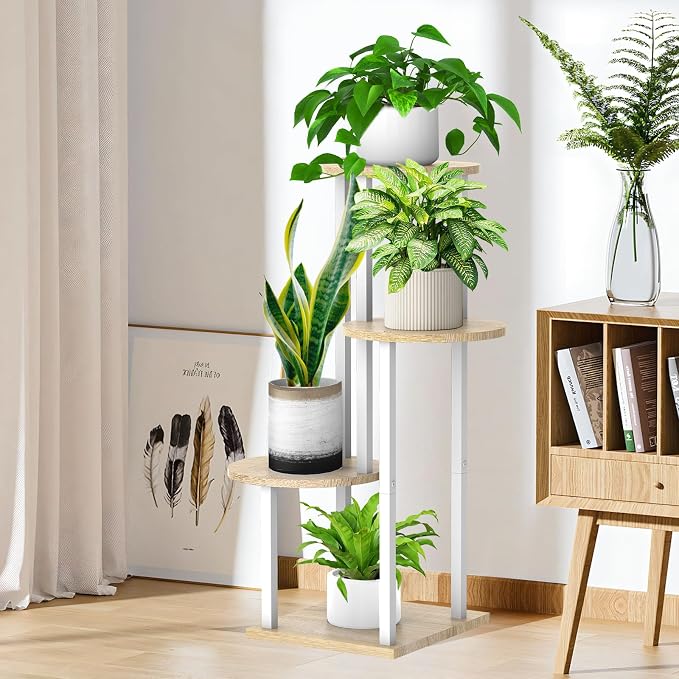 4 Tier Wood Tall Plant Stand Metal Rack Indoor, Round Planter Shelf Display - Image 5