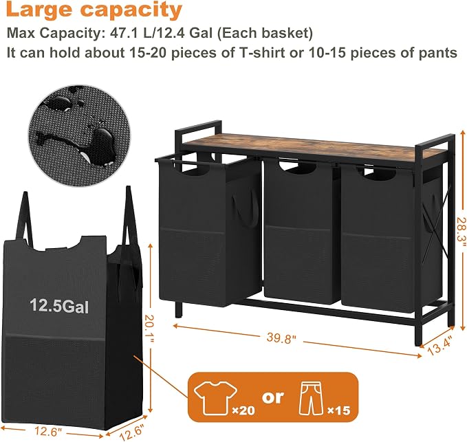 Heybly Laundry Hampers, 3 × 12.5 Gal Laundry Basket - Image 2