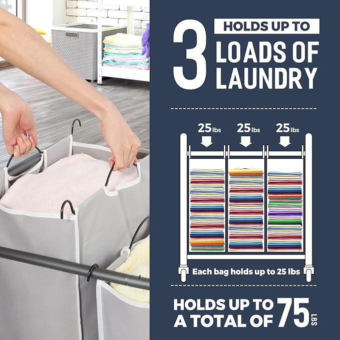 STO STO Laundry Sorter 3 Section, 3 Bag Laundry Hamper, Rolling Laundry Cart - Image 4