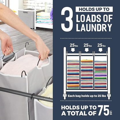 STO STO Laundry Sorter 3 Section, 3 Bag Laundry Hamper, Rolling Laundry Cart - Image 4