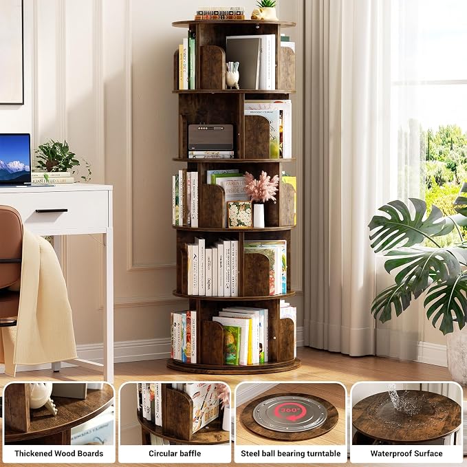 Aheaplus Rotating Bookshelf, 360 Display Wood Spinning Bookshelf Tower - Image 4