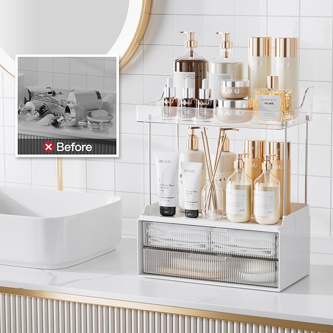 Delamu Bathroom Organizers and Storage, 2 Tier 2 Drawer Makeup Organizer - Image 7