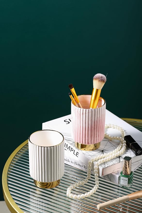 IEEK Pink and Gold Makeup Brush Holder Organizer, Glass Cosmetics Brushes Cup - Image 5
