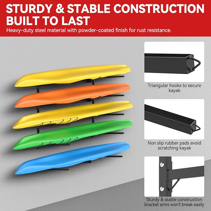 Kayak Storage Rack Wall Mount Adjustable 5 Levels Kayak Rack Wall Hanger Holder - Image 4