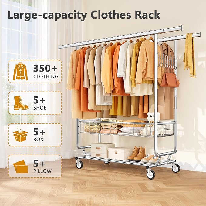 Heavy Duty Clothes Rack with Metal Basket, 720 LBS Rolling Double Rod Garment - Image 3