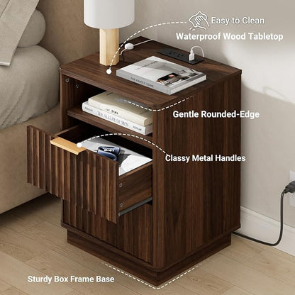 Fluted Night Stand with Charging Station, 2 Drawers End Table with Storage - Image 5