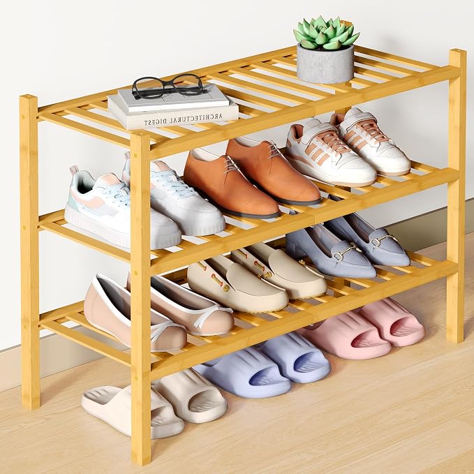 Smiry Bamboo Shoe Rack for Closet, 3 Tier Wooden Stackable Shoe Organizer by Smiry