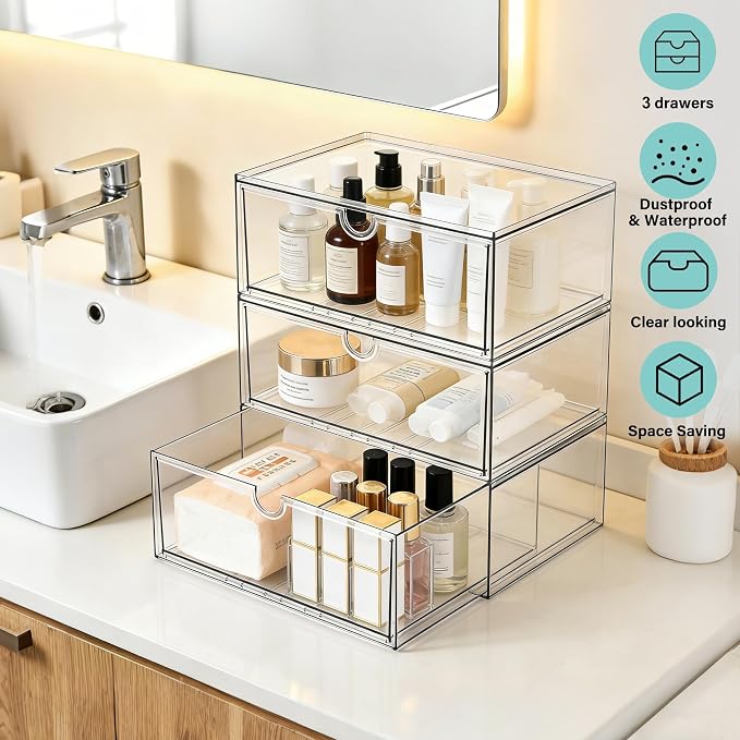 Prsildan Acrylic Makeup Organizer, 3 Pack Stackable Clear Storage Drawers - Image 7