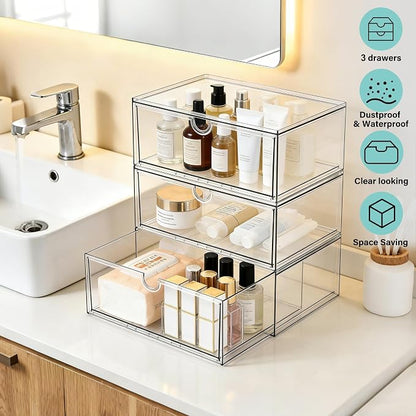 Prsildan Acrylic Makeup Organizer, 3 Pack Stackable Clear Storage Drawers - Image 7