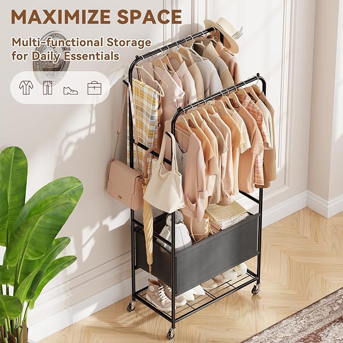Laundry Cart with Wheels and Hanging Rack, Heavy Duty Rolling Clothes Rack with - Image 5