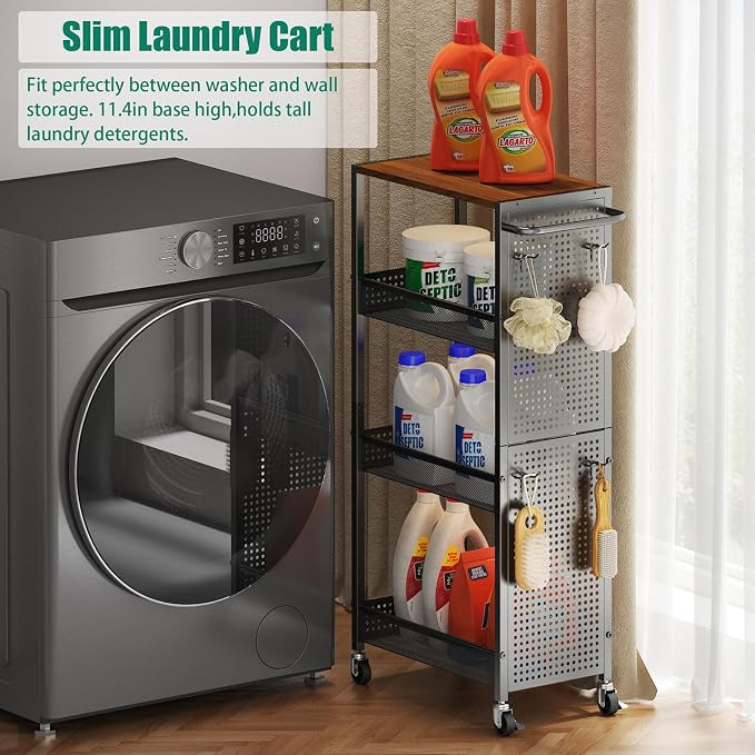 4-Tier Slim Storage Cart with Wheels, Small Mobile Organizer Shelf with Wooden - Image 5