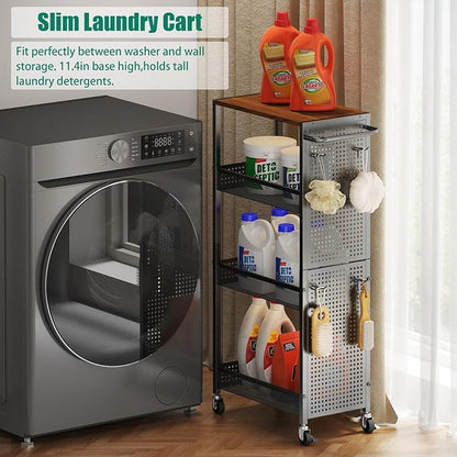 4-Tier Slim Storage Cart with Wheels, Small Mobile Organizer Shelf with Wooden - Image 5