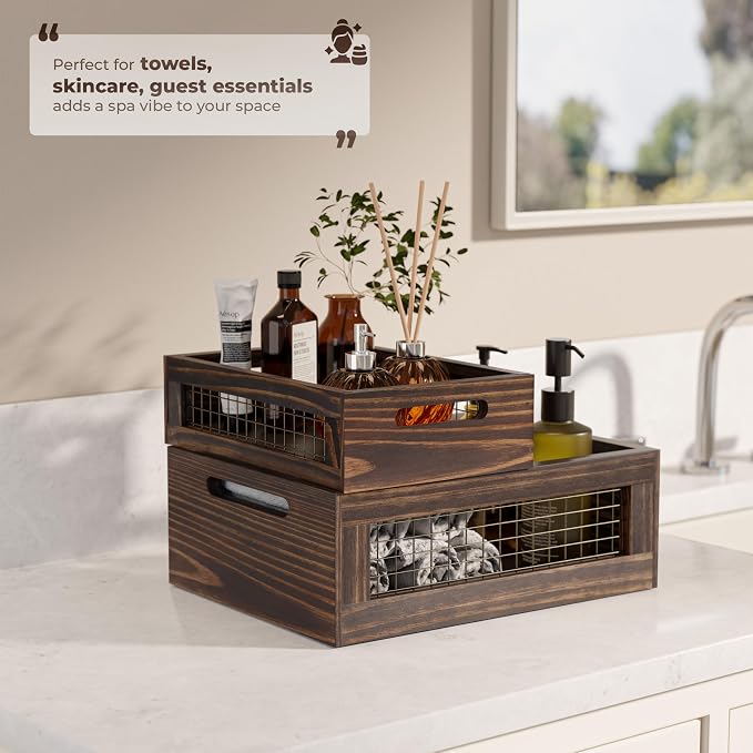 Set of 3 Wooden Nesting Countertop Baskets, Rustic Wood Storage Crates - Image 7