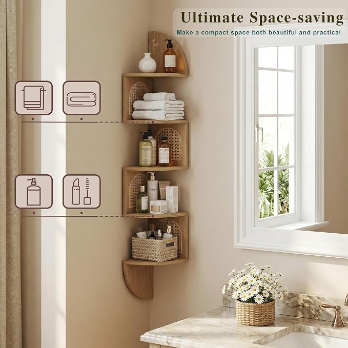5-Tier Floating Corner Shelves for Wall, Zigzag Corner Shelf Unit, PVC Rattan - Image 4