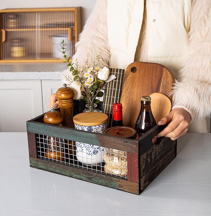 TIMRIS Set of 3 Rustic Wood Nesting Crates, Farmhouse Distressed Wooden Storage - Image 3