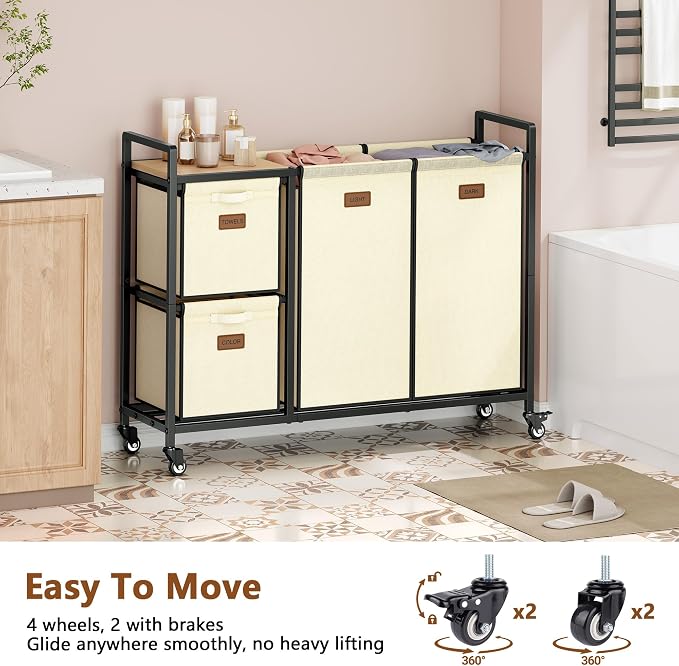 Hoctieon 4 Section Laundry Cart, 48 Gal. Laundry Hamper - Image 6