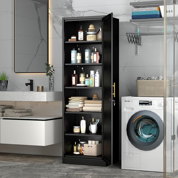 Tall Metal Narrow Bathroom Storage Locker Cabinet 67" H, Tall Black Pantry - Image 3