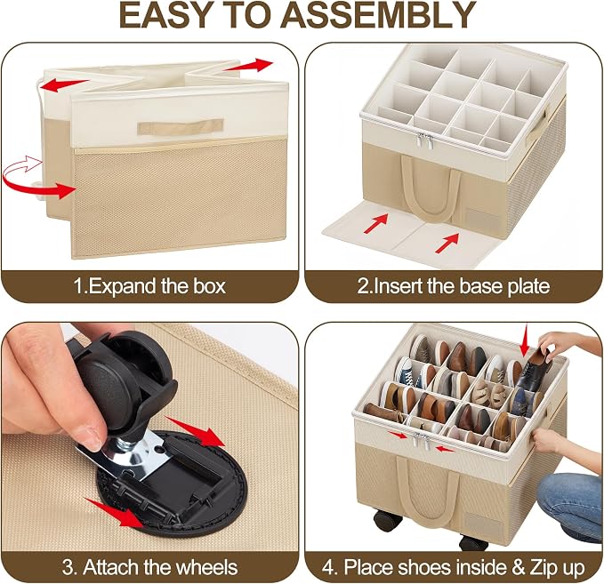 2 Pack Large Shoe Organizer for Closet, 32 Pairs Shoe Storage Box Beige | 360° - Image 8