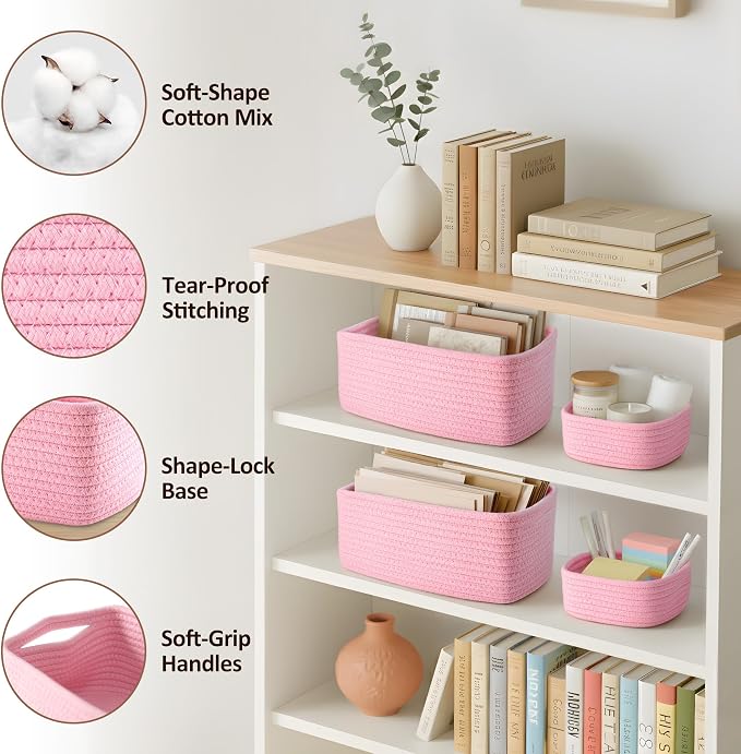 5-Pack Small Woven Rope Storage Baskets, 2 Sizes Organizer Bins | Fabric Cube - Image 3