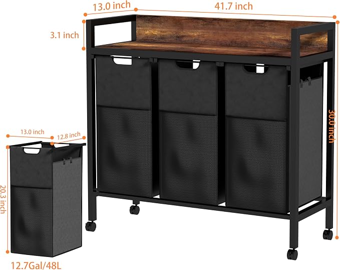 Laundry Sorter 3 Section, 360°Rolling Laundry Basket, 3 Pull-Out and Removable - Image 7