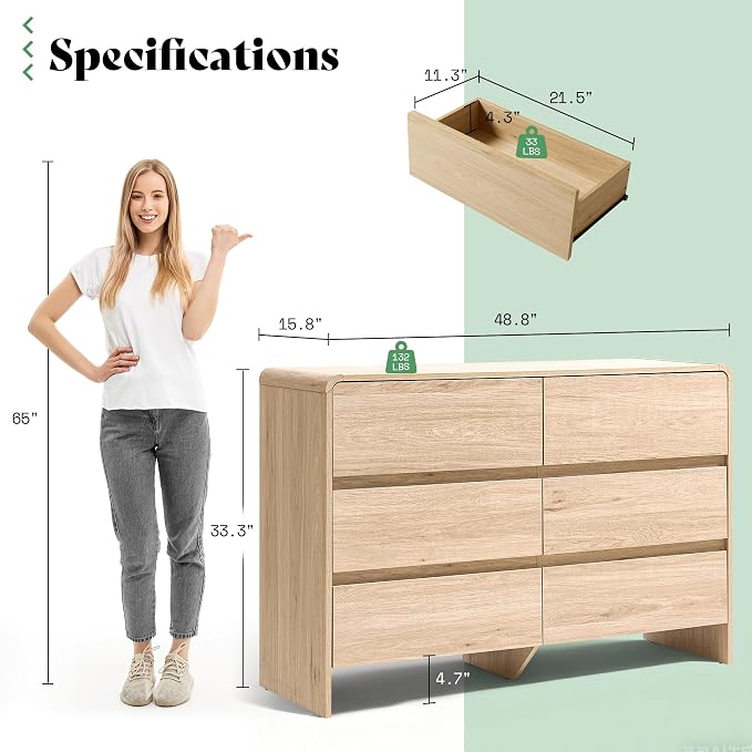AMERLIFE 6 Drawer Dresser for Bedroom, Anti-Tip Kit, Wood Cabinet Organizer for - Image 3