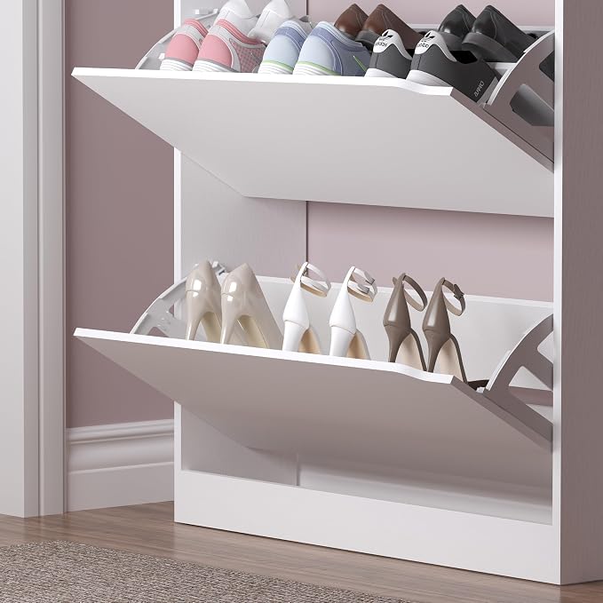 BORNOON Shoe Cabinet with 3 Flip Drawers & Coat Rack, Narrow Hidden Shoe - Image 6