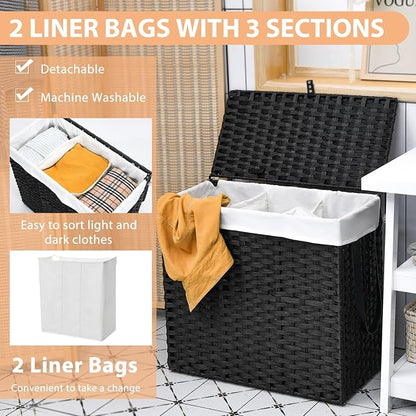 Giantex Laundry Hamper with Wheels and Lid, 125L Rattan Clothes Hamper with 2 - Image 2