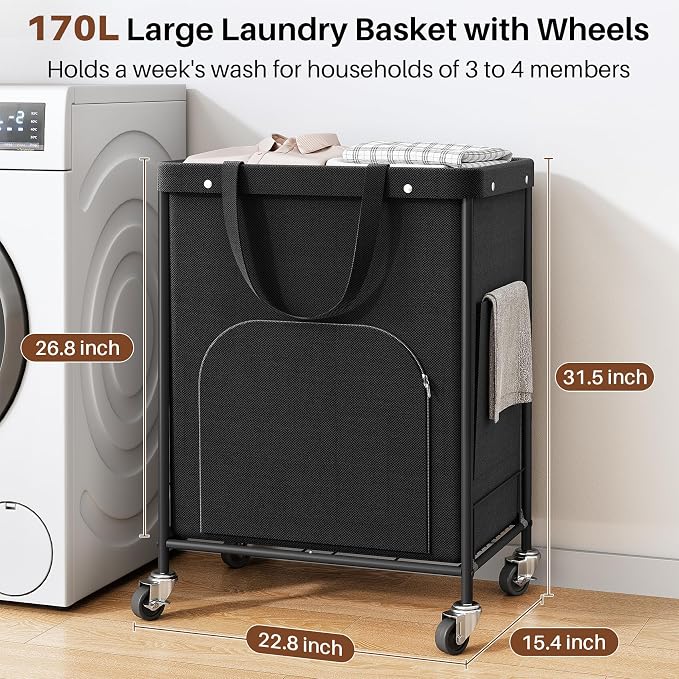 170L Large Laundry Basket with Wheels, Rolling Laundry Hamper Easy Access - Image 2