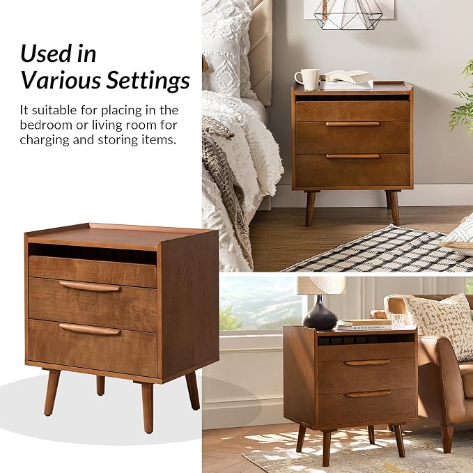 HULALA HOME Nightstand with Charging Station, Mid-Century Modern 2 Drawer and - Image 7