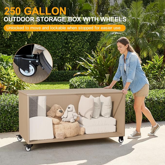 Outdoor Storage Box with Wheels 250 Gallon, Metal Deck Boxes Waterproof - Image 2