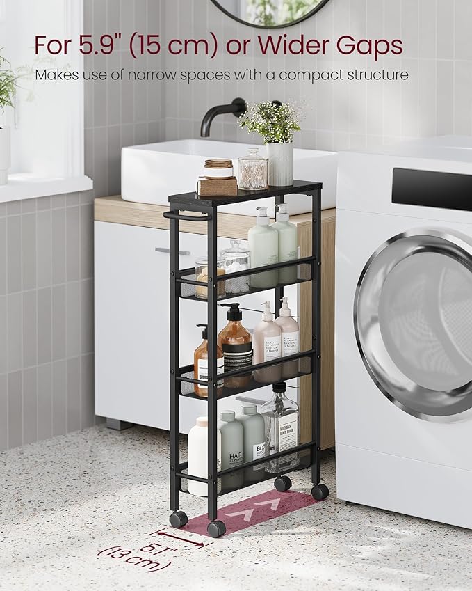 VASAGLE Slim Rolling Cart, 4-Tier Storage Cart, Narrow Cart - Image 3