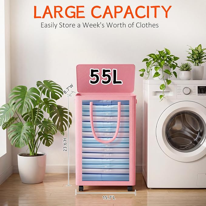 Slim Laundry Hamper with Wheels, 15 Gal Rolling Laundry Basket with lid and - Image 2