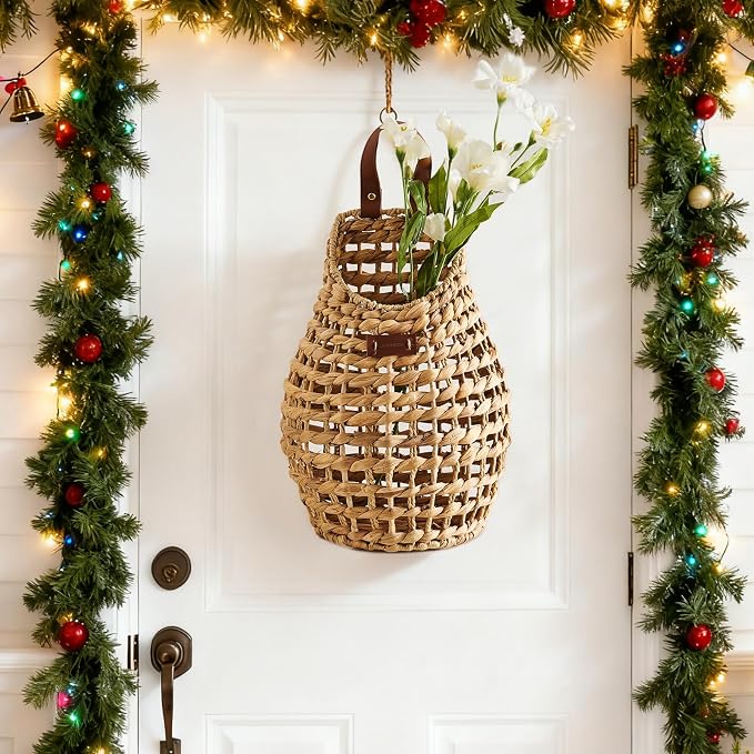 Woven Front Door Basket Water Hyacinth Wall Hanging Basket Decorative Boho - Image 2