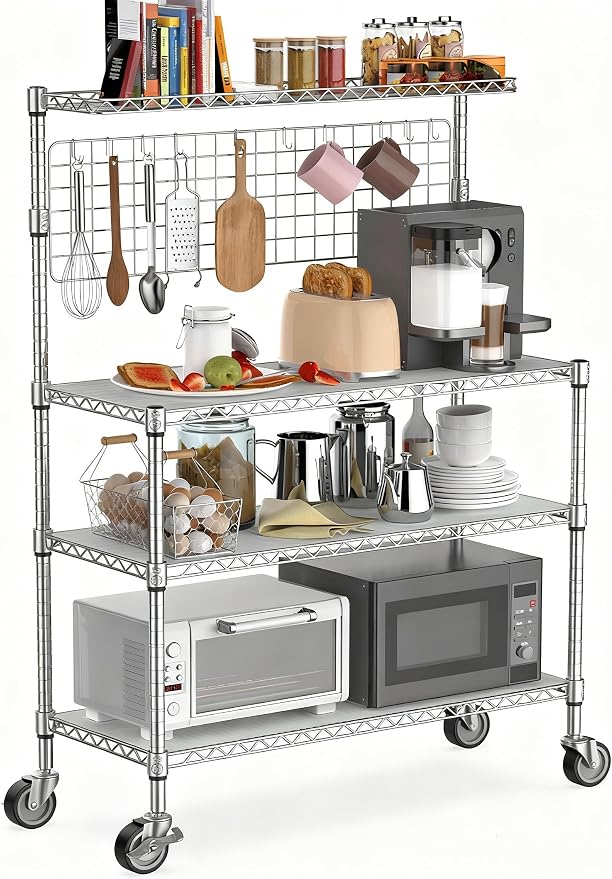 Leteuke Bakers Rack with Storage & Wheels, 42 Inch Microwave Stand Kitchen by Leteuke