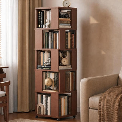 5 Tier Solid Wood Rotating Bookshelf Tower on Wheels, 360° Upgrade Spinning by Easyego