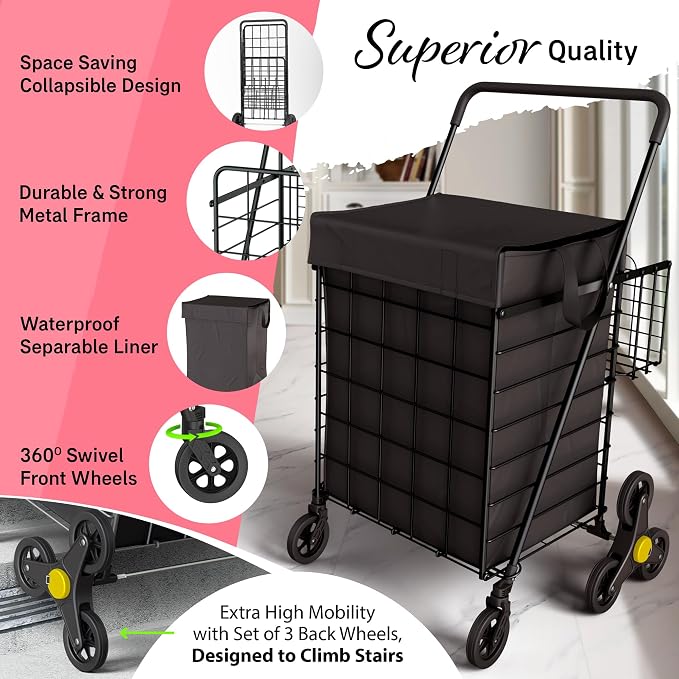 Stairs Climbing Shopping Cart w/Waterproof Basket Liner & 360° Swivel Wheels | - Image 3