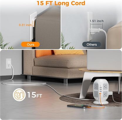 Tower Surge Protector Power Strip 15 ft, TESSAN Long Flat Extension Cord - Image 2