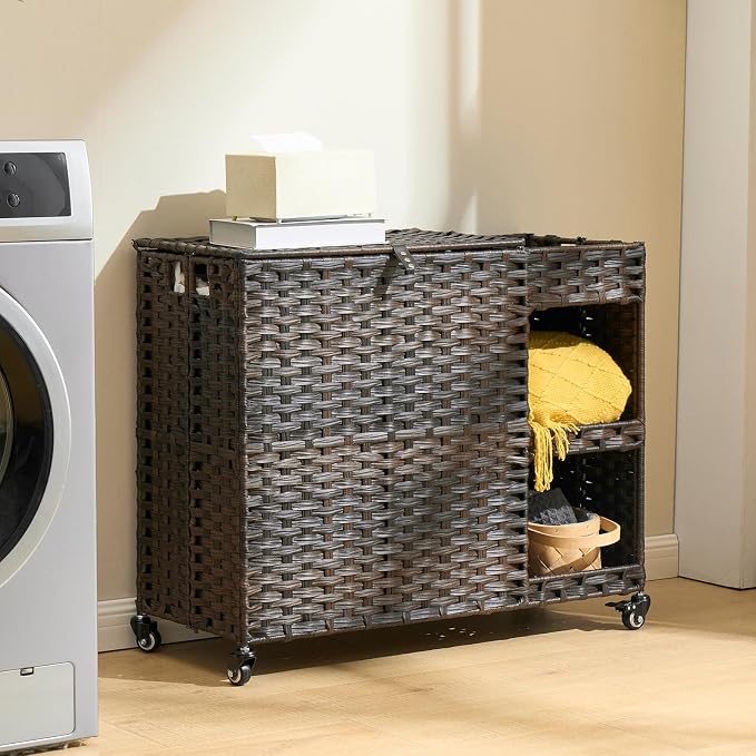 Laundry Hamper with Wheels, 42.3 Gal. Laundry Sorter with Shelves, Rattan - Image 8