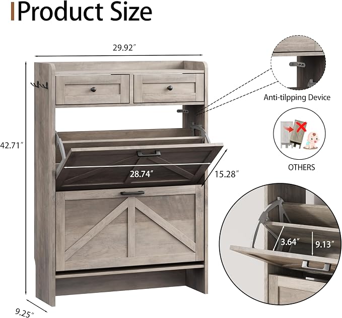 Shoe Cabinet with 2 Flip Drawers & 2 Top Drawers, Hidden Slim Shoe Rack - Image 2