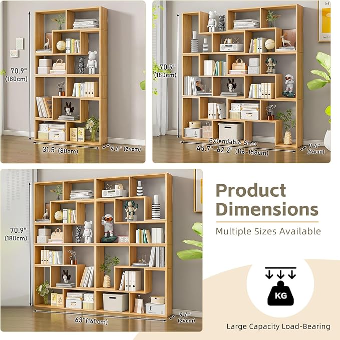 Expandable Bookcase with Adjustable Width, Wooden Room Divider Bookshelf - Image 2