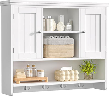 Bathroom Wall Cabinet with Doors and Hooks, 3-Tier Wall Mounted Cabinet | by Keehusux
