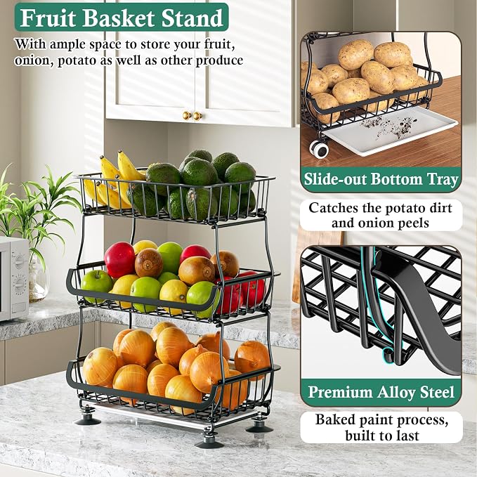 3-Tier Rolling Pantry Floor Organizer and Storage Cart - Image 4