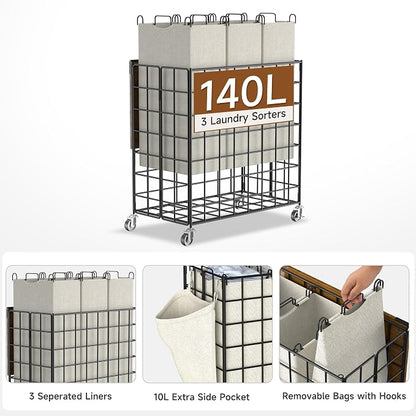 Laundry Basket with Wheels, Heavy Duty Laundry Sorter 3 Sections, 140L Large - Image 2