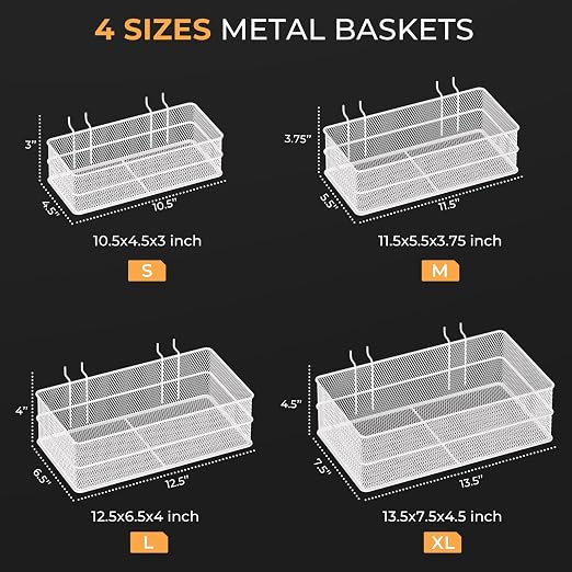 INCLY 4 Pack Upgrade Pegboard Baskets, 4 Sizes Square Metal Mesh Basket | Peg - Image 3