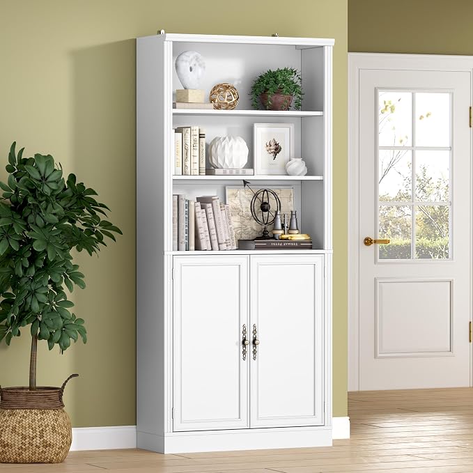 71.4" Tall Bookshelf with Cabinet, 5-Tier Floor Standing Bookcase with Doors & by BORNOON