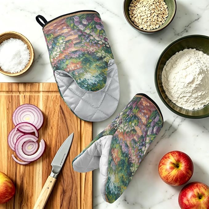 Heat Resistant Oven Mitts, Spring Garden Flowers Scene Kitchen Gloves - Image 6